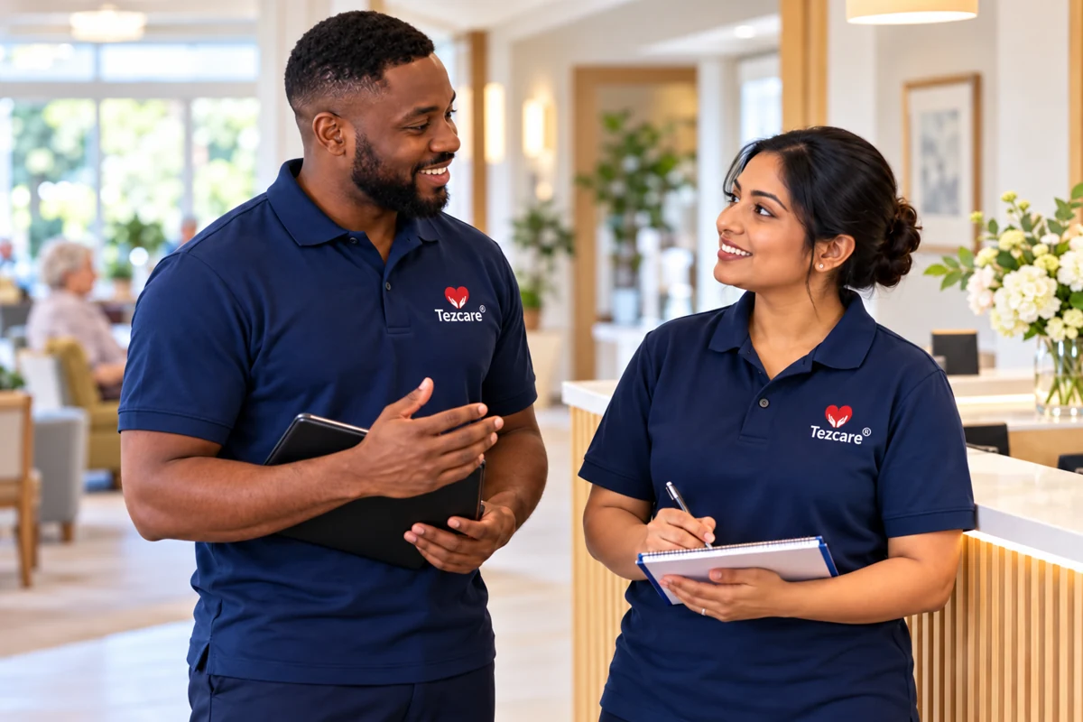 Two care professionals in Tezcare logo uniforms having an induction conversation at reception