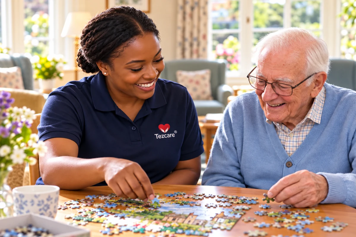 A care worker in a Tezcare logo polo shirt enjoying a jigsaw puzzle with an older man