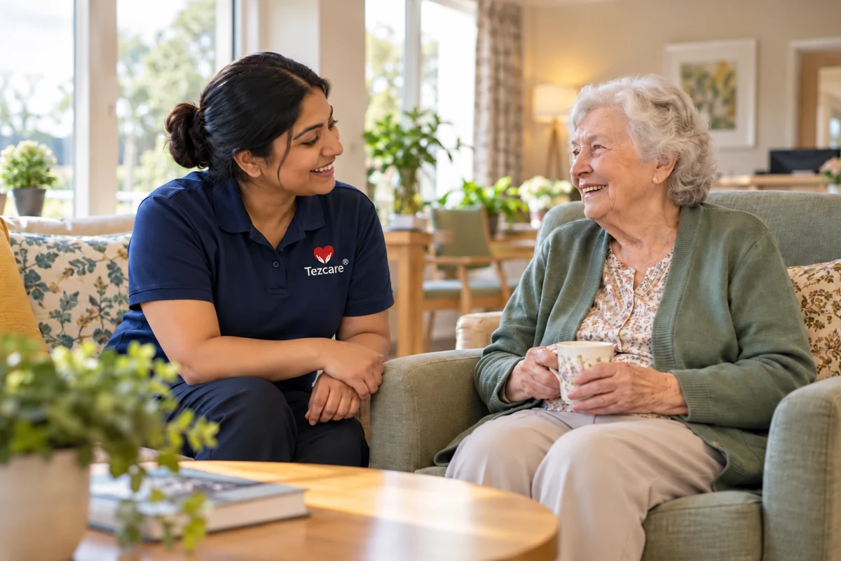 Care worker listening to an older woman in a bright care home lounge