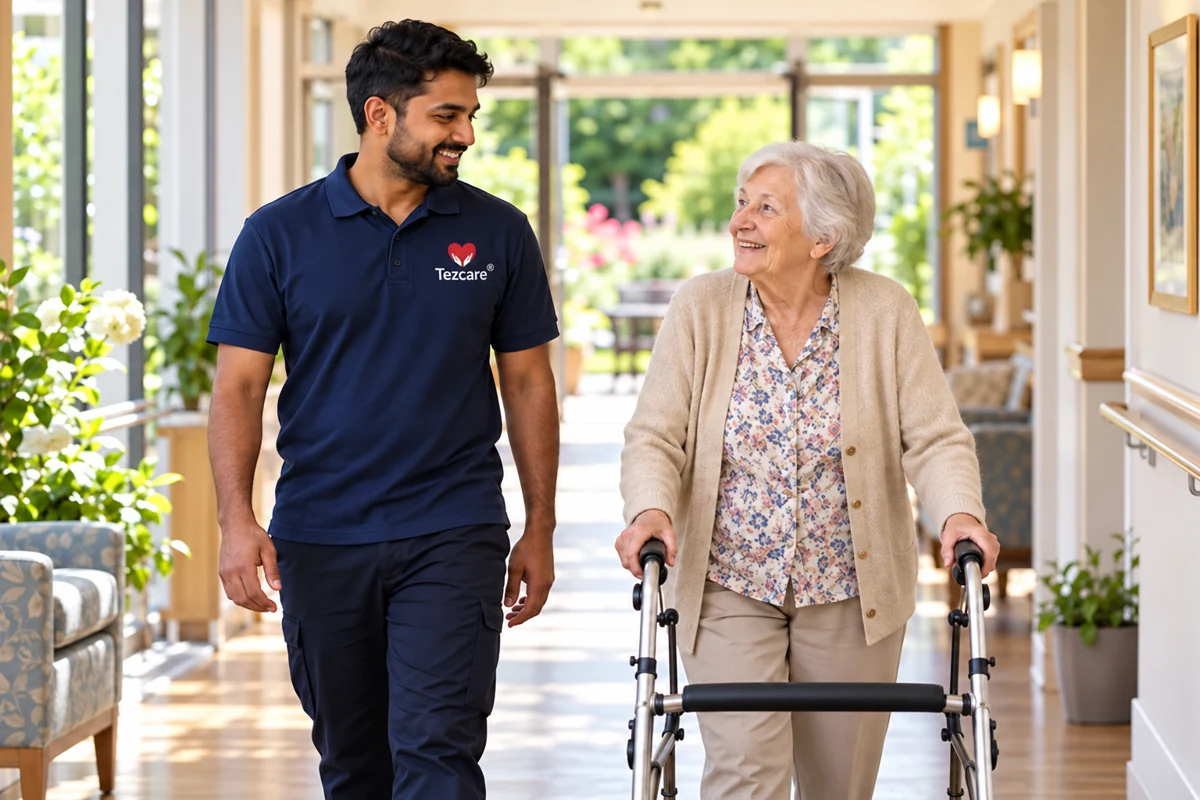 A care worker in Tezcare uniform accompanying an older woman using a walking frame