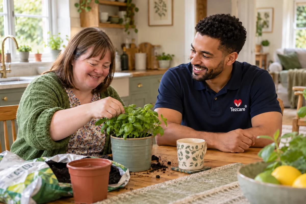 An adult woman tending a herb plant with a support worker wearing a Tezcare logo polo shirt